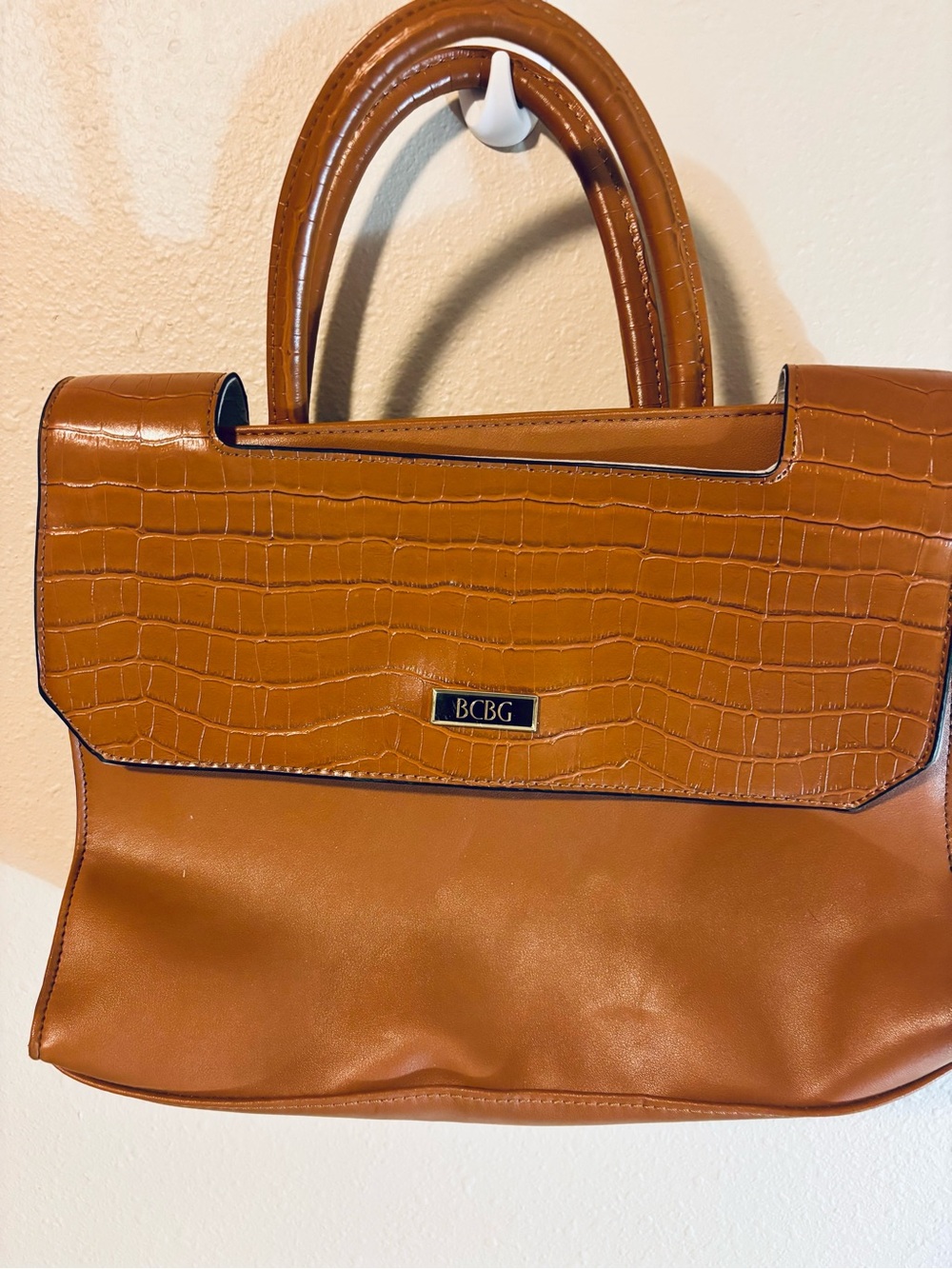 BCBG Caramel Croc-Texture Top-Handle Satchel